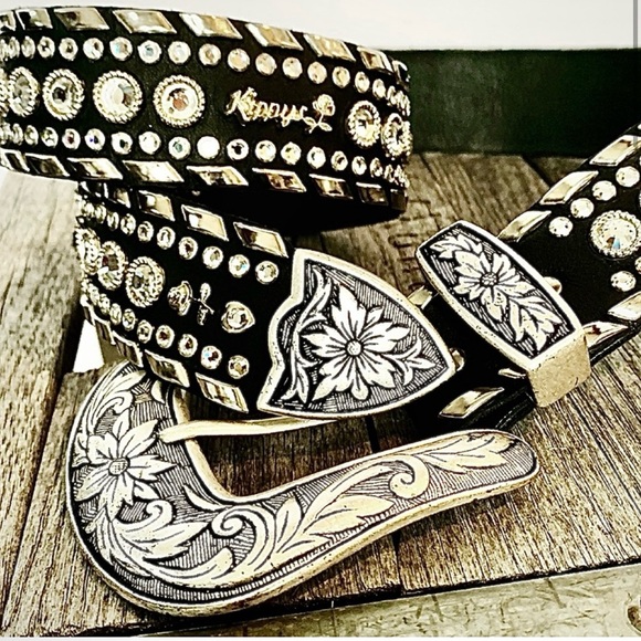 KIPPYS Cowboy Swarovski Crystal Bling Silver Black Leather Cowgirl Western Belt main image 7